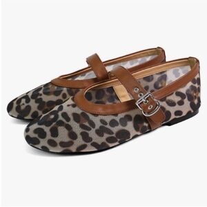 Leopard Print Mary Jane Flats Brown Women's Shoes Size 7